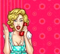 Vector pop art illustration of an excited surprised blond woman with a telephone receiver in her hand.