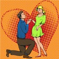 Vector pop art illustration of man proposing marriage to girlfriend