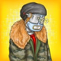 Vector pop art illustration of robot, android in fashion jacket. Artificial intelligence, steampunk, cyborg concept