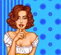 Vector pop art illustration of a girl holding her finger on her lips and asking for silence Royalty Free Stock Photo