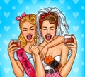 Vector pop art illustration of two enthusiastic women celebrating a hen-party