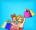 Vector pop art illustration of two young glamorous enthusiastic girls show shopping bags with their purchases Royalty Free Stock Photo