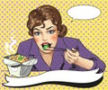 Vector pop art illustration of woman eating takeout food