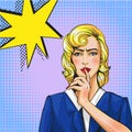 Vector pop art illustration of woman with finger on lips Royalty Free Stock Photo