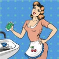 Vector pop art illustration of woman washing the dishes Royalty Free Stock Photo