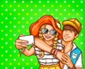 Vector pop art illustration of a young girl and boy making selfies on a smartphone. Royalty Free Stock Photo