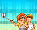 Vector pop art illustration of a young girl and boy making selfies on a smartphone. Royalty Free Stock Photo