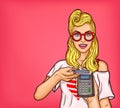 Vector Pop Art illustration of a young girl demonstrates the possibility of online shopping, electronic payments Royalty Free Stock Photo