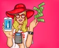 Vector Pop Art illustration of a young girl demonstrates the possibility of online shopping, electronic payments Royalty Free Stock Photo