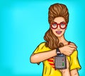 Vector Pop Art illustration of a young girl demonstrates the possibility of online shopping, electronic payments Royalty Free Stock Photo