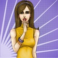 Vector pop art illustration of a young girl holding her finger on her lips and asking for silence Royalty Free Stock Photo