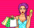 Vector pop art illustration of a young girl holding shopping bags and credit card. Royalty Free Stock Photo