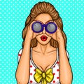 Vector pop art illustration of a young girl watching with binoculars for discounts.