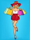 Vector pop art illustration of a young happy girl holding shopping bags.