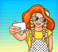 Vector pop art little girl in sunglasses and vintage hat makes selfie