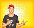 Vector pop art man in tshirt, cap holding vape Royalty Free Stock Photo