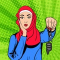 Vector pop art muslim woman with keys