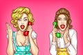 Vector women talk on the phone, excited housewives Royalty Free Stock Photo