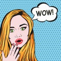 Vector Pop Art redhead Woman face with open mouth and message WOW in comic style Royalty Free Stock Photo