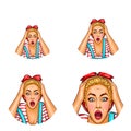 Vector pop art avatar of shocked, surprised blonde girl with opened mouth in casual clothing. Icon for blog, chat