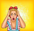 Vector pop art pin up shocked, surprised blonde girl with opened mouth. Sale illustration, discount, advertising poster