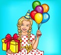 Vector pop art smiling little girl holding a gift and helium balloons Royalty Free Stock Photo