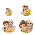 Vector pop art social network user avatars of grandfather and grandson embracing. Boy embrace adult man retro sketch