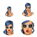 Vector pop art social network user avatars of woman girl surprised with blue hair in sunglasses. Retro sketch profile Royalty Free Stock Photo