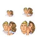 Vector pop art social network user avatars of woman speaking whisper in man ear. Retro sketch profile icons