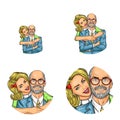 Vector pop art social network user avatars of young blonde girl embracing adult bald man. Retro sketch profile icons