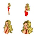 Vector pop art social network user avatars of young blonde girl in red dress turned back head. Retro sketch profile Royalty Free Stock Photo