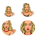 Vector pop art social network user avatars of young blonde girl surprised with rounded lips. Retro sketch profile icons Royalty Free Stock Photo