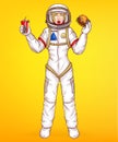 Vector pop art spacewoman holds food, burger