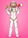 Vector pop art spacewoman holds megaphone, loud-hailer