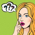 Vector pop art stupid woman face with question marks. Blonde thinking woman with open mouth comics style illustration Royalty Free Stock Photo