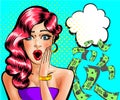 Vector pop art surprised beautiful pin-up girl thinking about money Royalty Free Stock Photo