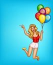 Vector pop art woman, balloons with sale