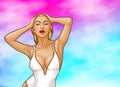 Vector pop art woman in one-piece swimsuit