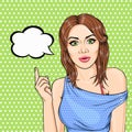 Vector pop art woman pointing up on thought cloud, thinking, daydreaming in comic sketch style. Cute brunette woman smiling and Royalty Free Stock Photo