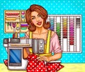 Vector pop art woman tailor sews on a modern sewing-machine with display. Seamstress, dressmaker, atelier illustration.