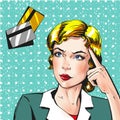 Vector pop art woman thinking about credit card Royalty Free Stock Photo