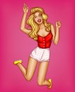 Vector pop art young girl jumping with hands up