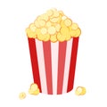 Vector popcorn in bucket box for cinema, movie theater. Plastic container with fast food snack with red stripes isoleted in white Royalty Free Stock Photo