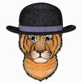 Vector portait of small baby lion head, face. Safari animal. Bowler hat.