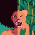 Vector portrait of angry young beautiful black woman put beside a lioness in the jungle with wide open jaws