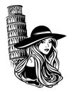 Vector portrait of attractive tourist woman wearing fashion hat by leaning tower of pisa