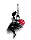 Vector portrait of haute couture fashion blogger in Paris with eiffel tower and red kiss mark