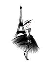 Vector portrait of haute couture fashion blogger wearing dress and wide brimmed hat in Paris