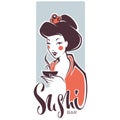 Vector portrait of beautyful geisha and lettering composition