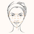 Vector portrait of caucasian woman with massage dots in ink graphic style